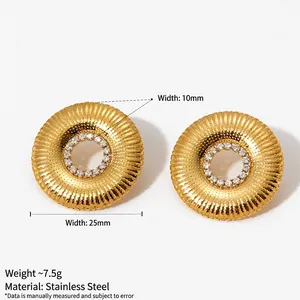 Golden stainless steel sunburst earrings with cubic zirconia inlay on white background