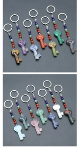 Detail of heart-shaped crystal key pendants with colorful stone beads and metal rings