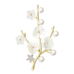 Broche Branche Fleurie Élégante Avec Perle D'eau Douce Nacre Et Zircon Pour Accessoire De Robe De Mariée Femme