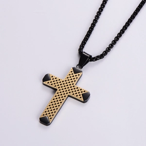 Minimalist black and gold cross necklace with mesh inlay on a circular link chain
