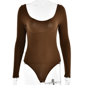 Brown long sleeve ribbed knit bodysuit with U-neck design on transparent mannequin