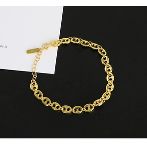 Macro shot of gold-plated S925 sterling silver piggy nose link bracelet with S925 tag