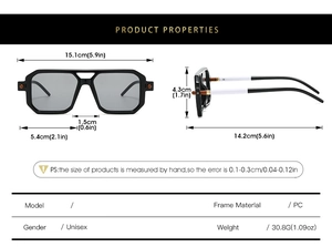 Detailed dimensions of rectangular black sunglasses with black and white temples for unisex
