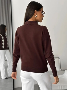 Brown polo neck waffle knit top shown in front and back view via mirror reflection