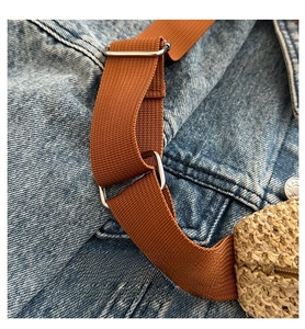 Detailed macro view of straw woven bag with brown fabric strap and silver metal buckle