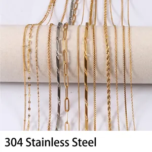 Various 304 stainless steel chains including rope and snake link styles in gold and silver