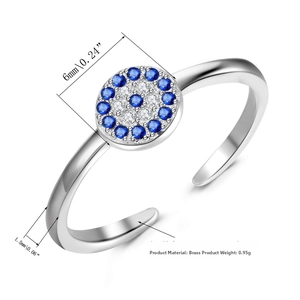 Detail view of 6mm Evil Eye ring showing blue zircon inlay and dimensions of the copper band