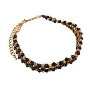 Vintage style black beaded and gold chain choker necklace with an adjustable extender