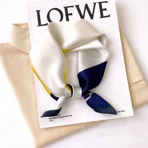 Striped silk square scarf in white, yellow, and navy blue with heart geometric pattern