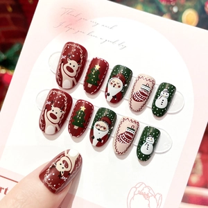 Christmas Press On Nails Glossy Full Cover Artificial False Finger Nails Cartoon Santa Claus Reindeer Festive Party Women