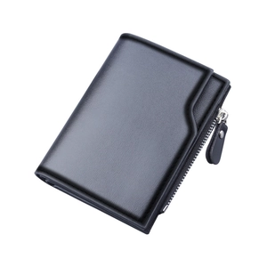 Men's bifold leather wallet with zipper pocket and lychee texture in classic black