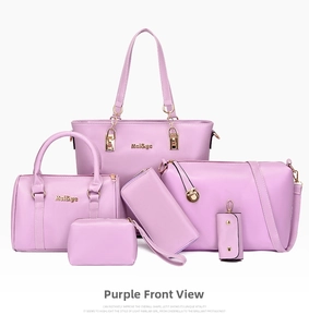 Front view of a 6-piece light purple leather tote and handbag set with gold hardware