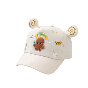 Toddler baseball cap with cute octopus patch and sea life embroidery in beige color