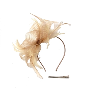 Elegant champagne feather bow fascinator with mesh swirls for wedding party parties