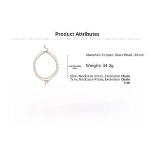 Detailed size specs for double-layer pearl necklace with bow pendant and cubic zirconia