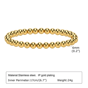 Detail showing 6mm IP gold-plated stainless steel beads and product measurements