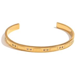 Minimalist 18K gold-plated stainless steel open bangle with sea texture and clear zircon