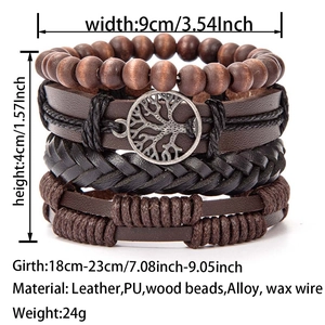 Detail of multi-layer leather and wood bead bracelet with alloy Tree of Life charm