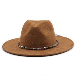 Detailed close-up of brown suede cowboy hat featuring ornate wooden and metal beaded band