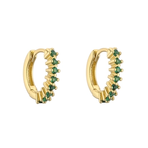 Gold plated huggie earrings featuring a single row of sparkling emerald green zircons
