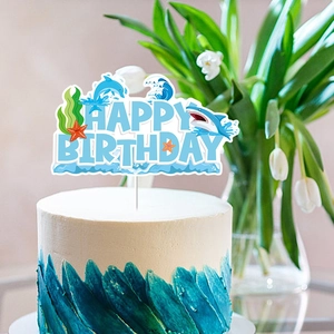 Ocean theme Happy Birthday cake topper set with sea creatures for party decoration