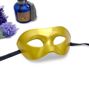Classic gold masquerade half-face mask with black silk ribbons for men's party