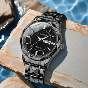 Detail of waterproof black quartz watch with luminous hands and day-date dual display