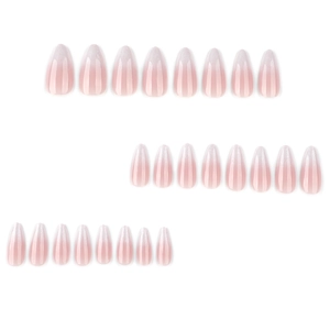 Pink gradient almond press-on nails with fine glitter tips on a 24-piece full set
