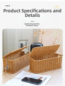 Detail of Nordic faux rattan cable management boxes with lid and cable slots