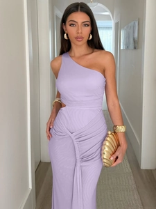 Elegant lavender one-shoulder ruched maxi dress with waist cut-out and bodycon fit