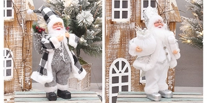 Vue détaillée du Père Noël debout en tissu à carreaux noir et blanc et style argent