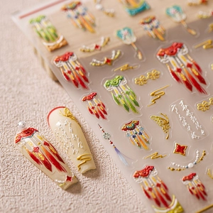 Chinese style 5D embossed nail stickers featuring fans, butterflies and white calligraphy