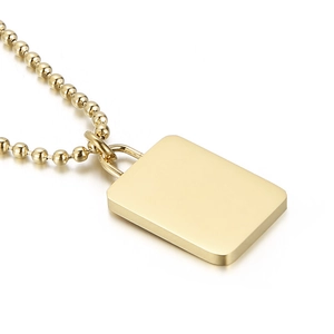 Minimalist gold rectangular padlock pendant necklace with classic bead chain on white background