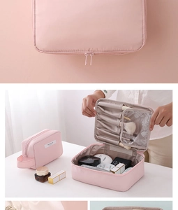 Detail of pink waterproof makeup bag with brush organizers and internal compartments
