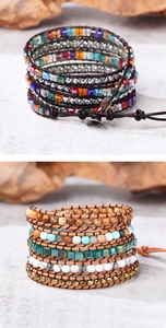 Detail of bohemian multilayer wrap bracelet with natural stones and handwoven crystals