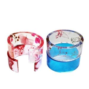 Handmade transparent resin cuff bangle with real pink and blue dried flowers inserts