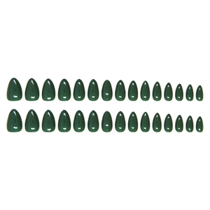 Deep dark green almond-shaped press-on nails set with a high-gloss finish on white background