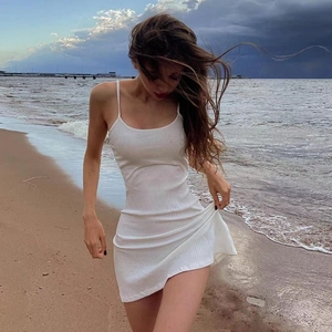 Women Sexy Spaghetti Strap Mini Dress Ribbed Knit Sleeveless Bodycon Solid Color Summer Beach Vacation
