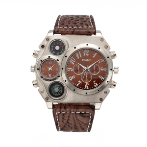 Oulm dual time zone men's watch with brown leather strap and silver polygonal case