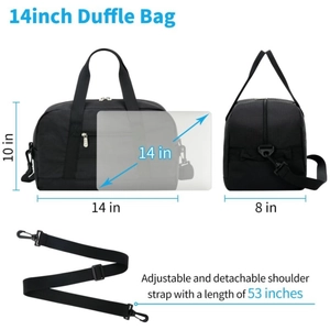 Detailed dimensions of 14 inch mini duffle bag with adjustable 53 inch shoulder strap