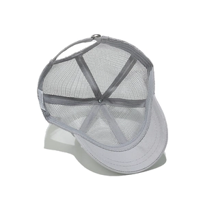 Detail view of breathable grey mesh baseball cap showing 100% polyester wash label