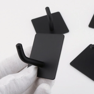 Matte black stainless steel adhesive wall hooks with square base and L-shaped design