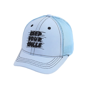 Kids light blue baseball trucker hat with Keep Smile embroidery and breathable mesh back