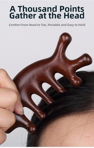 Nahaufnahme des ergonomischen Fünf-Zahn-Sandelholz-Massagekamms für die Kopfhautstimulation