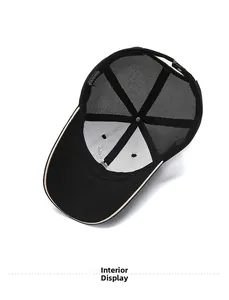 Detailed interior view of black mesh baseball cap showing cotton sweatband and structure