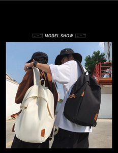 Outdoor model show featuring minimalist matte nylon backpacks in black and beige colors