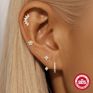 Elegant S925 sterling silver gold-plated earring set featuring zircon flower and moon studs