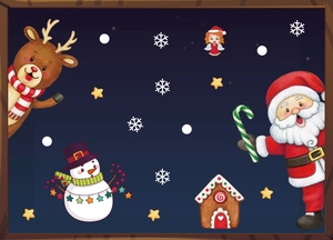 Detail of Christmas window stickers featuring Santa, reindeer, and gingerbread house