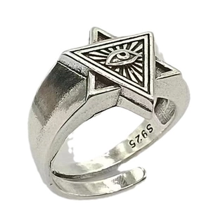 Retro S925 sterling silver All-Seeing Eye open ring with vintage finish and star motif