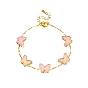 Charming gold-plated stainless steel bracelet with five pink butterfly pendants